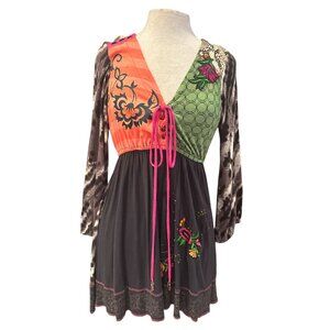 Krista Lee Boho Patchwork Tunic Top – Embroidered Floral Festival Style Blouse L